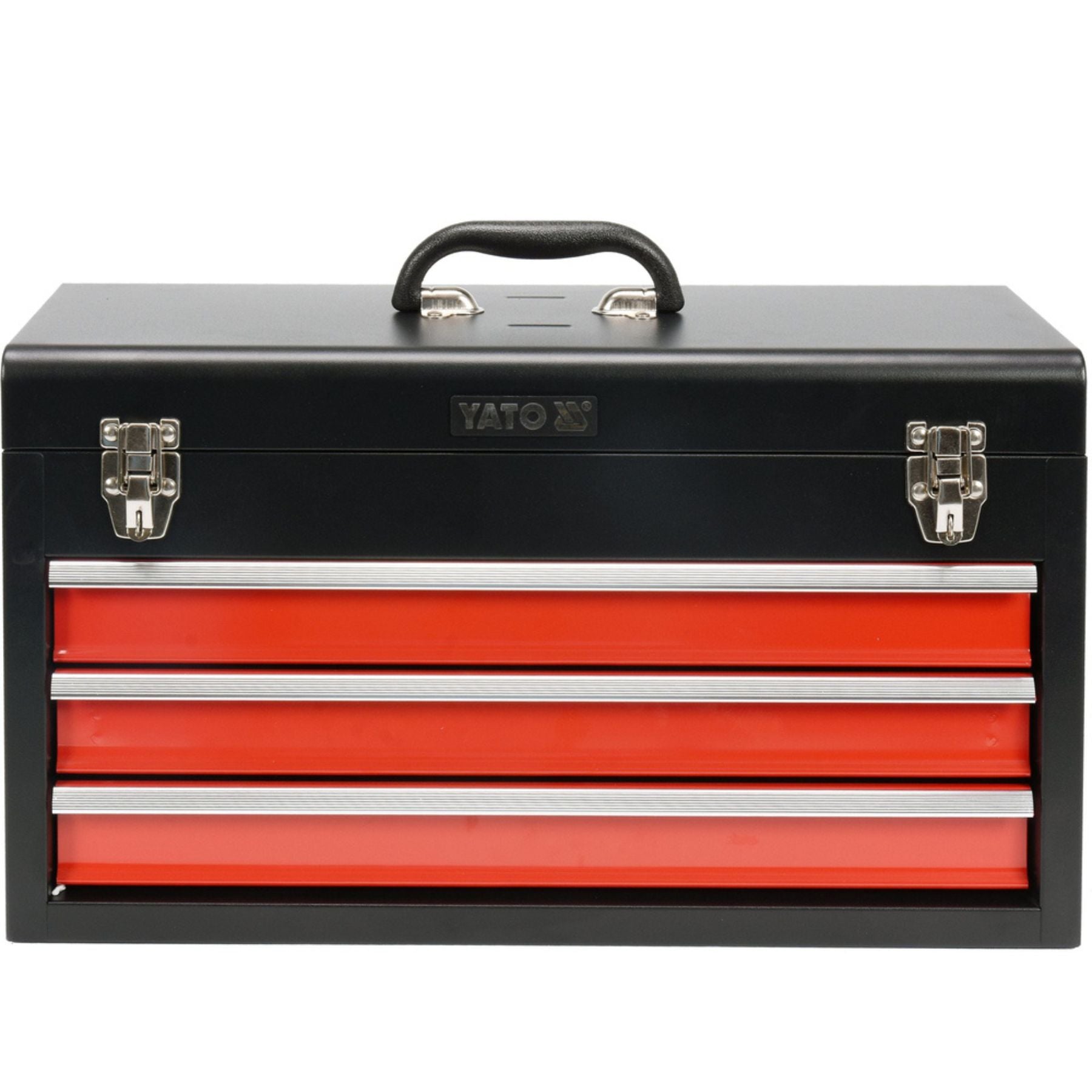 Black toolbox with red drawers on a white background