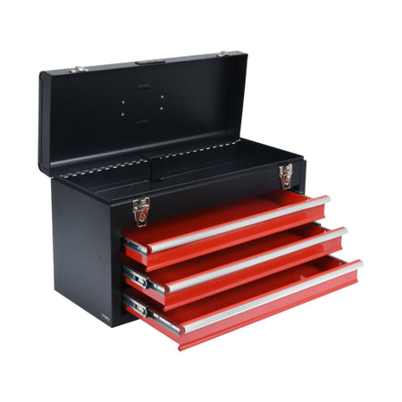 Black toolbox with red drawers on a white background