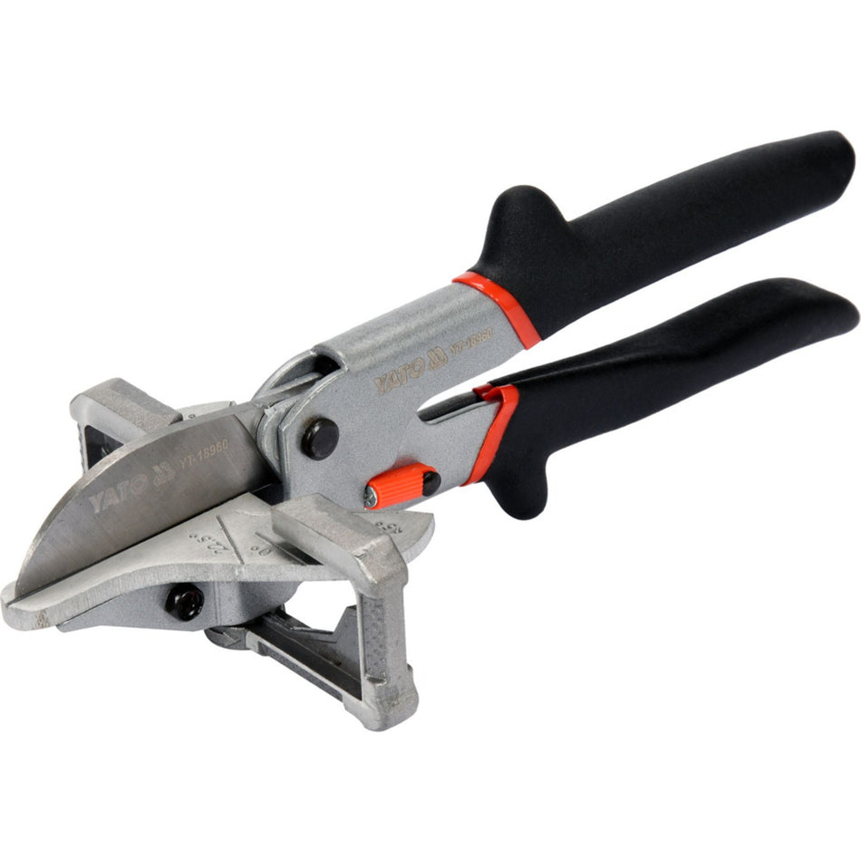 Metal snips with black handles on a white background