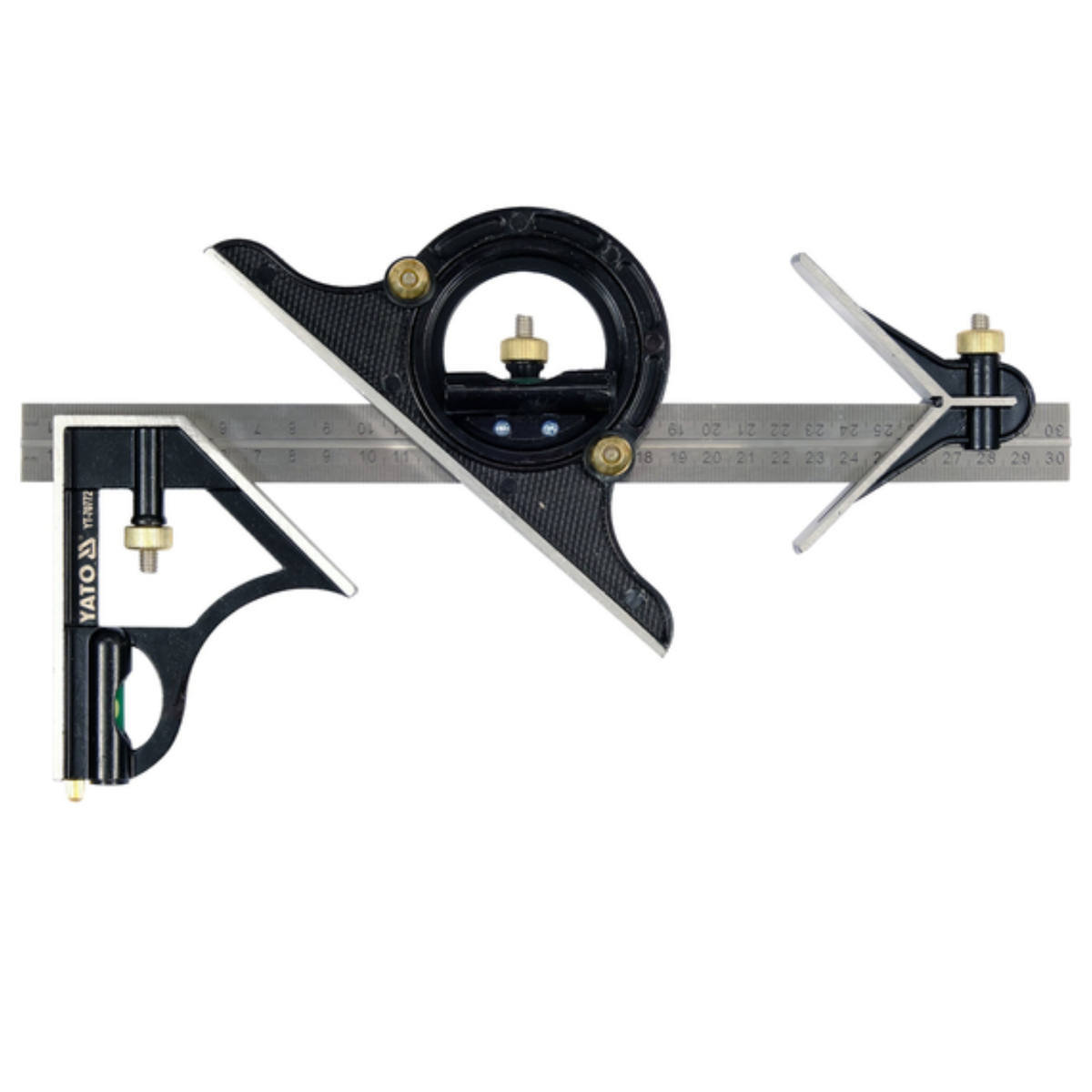 Set of woodworking tools including a square and a protractor on a white background