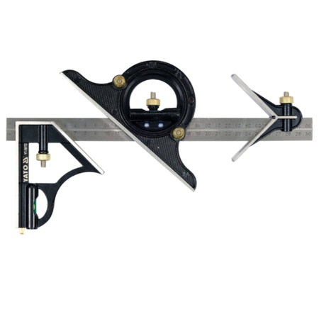 Set of woodworking tools including a square and a protractor on a white background