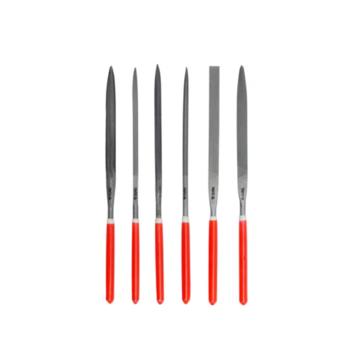 Set of six metal files with red handles on a white background