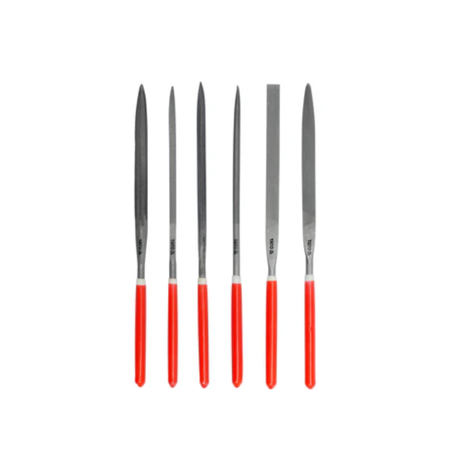 Set of six metal files with red handles on a white background
