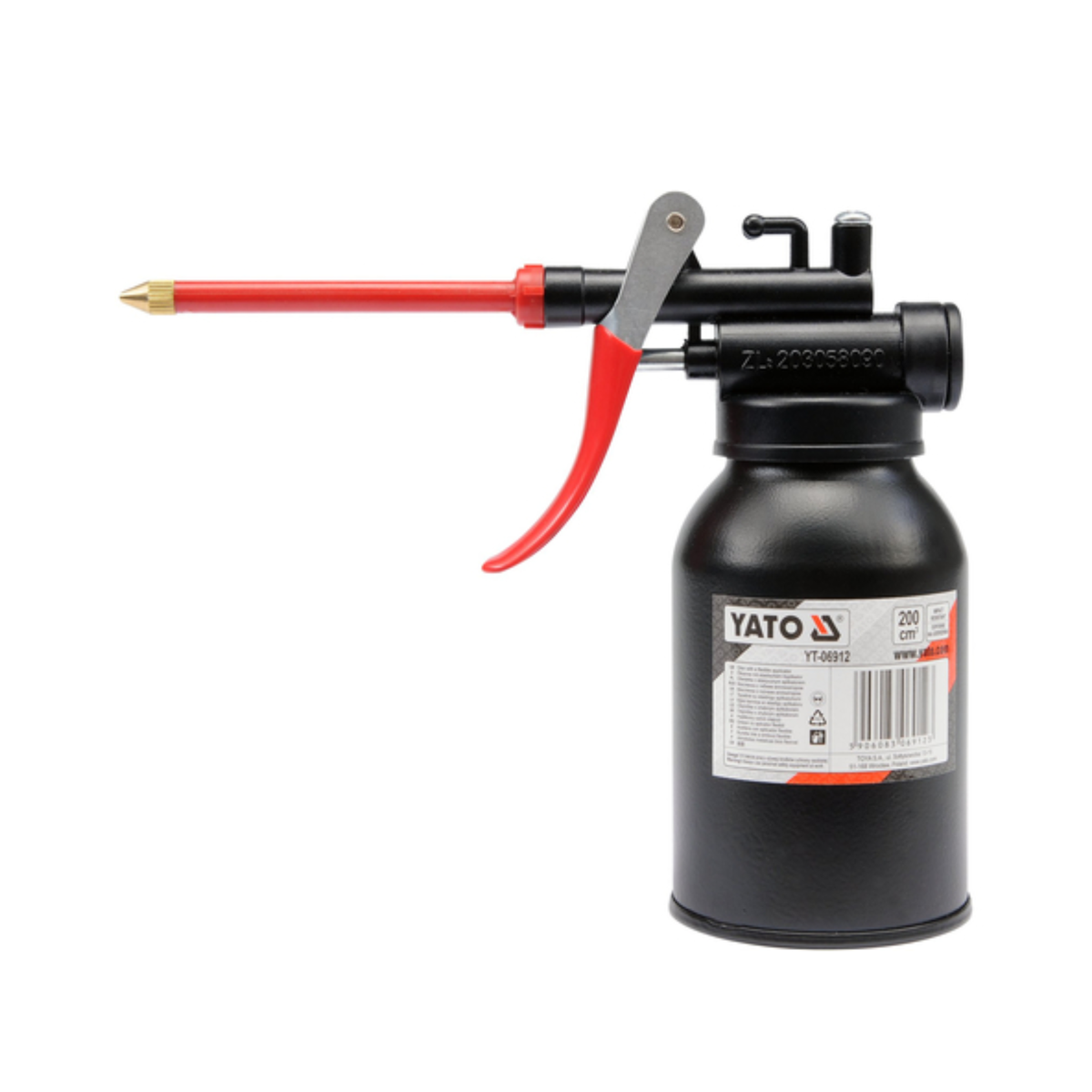 YATO oil spray gun with a black canister, red trigger handle, and red nozzle barrel with a brass tip, shown on a white background.