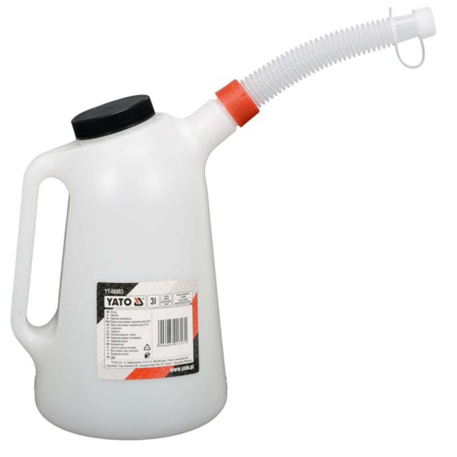 White plastic bottle with a black cap and red nozzle on a white background, featuring Yato branding.