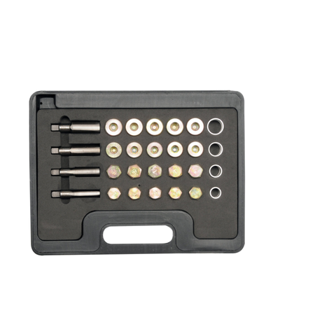 Set of screws and bolts in a black plastic holder on a white background