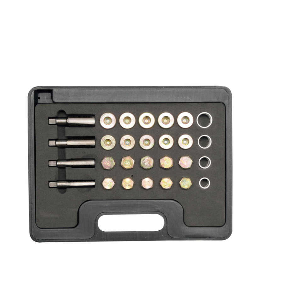 Set of screws and bolts in a black plastic holder on a white background