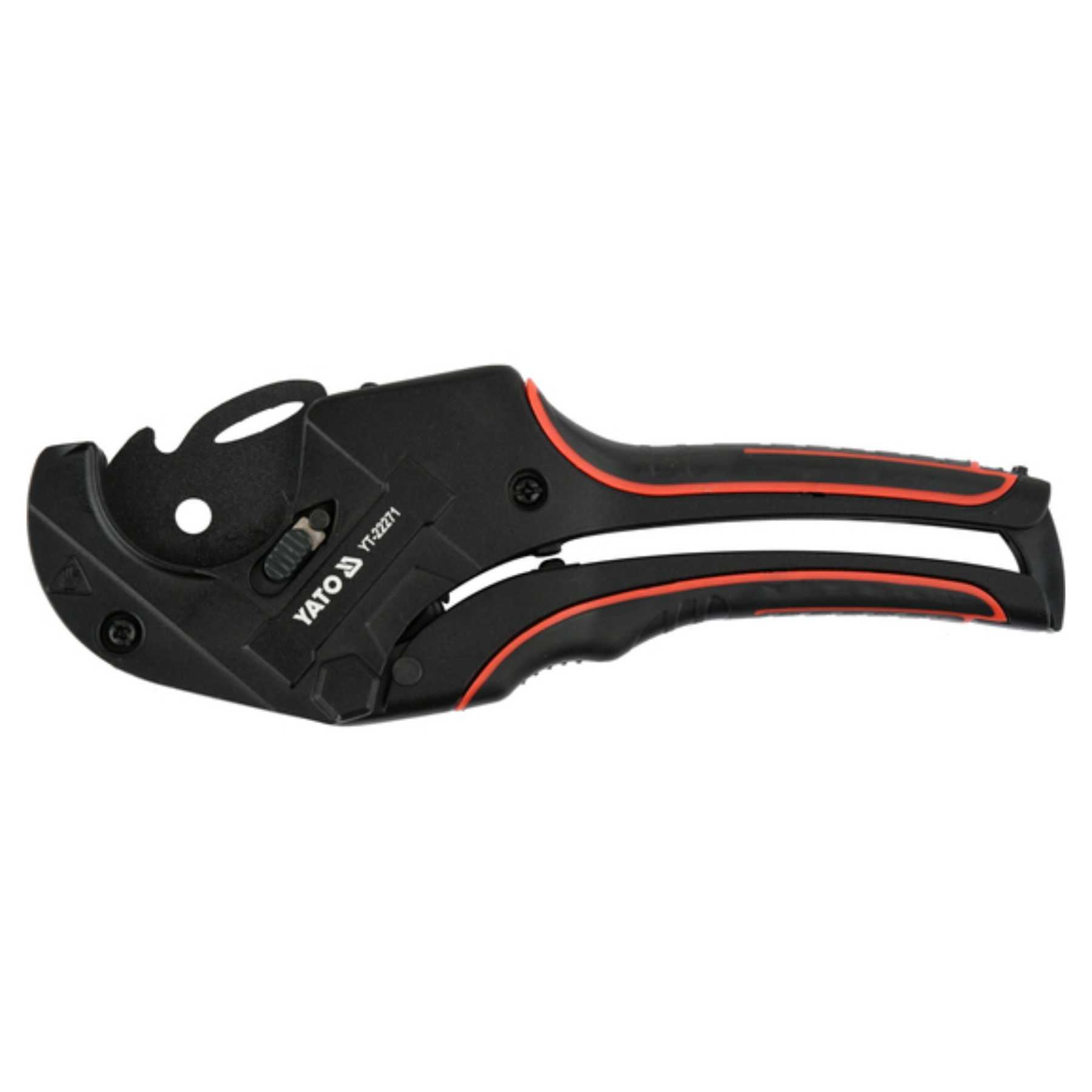 A YATO 3 mm pipe cutter tool with a black plastic body and bright orange-red accent lines, shown against a plain white background.