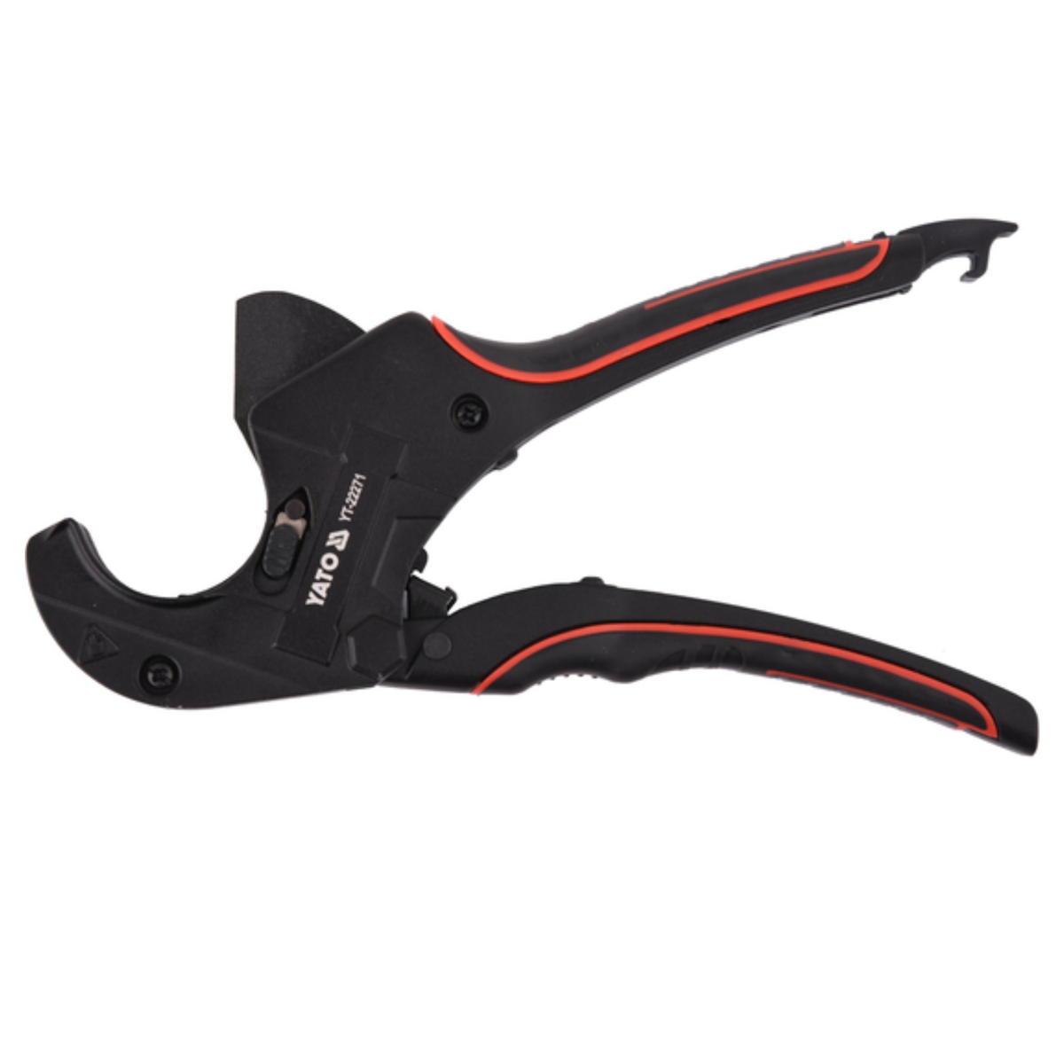 Black pipe cutter tool with red accents and white YATO branding, shown on a plain white background.