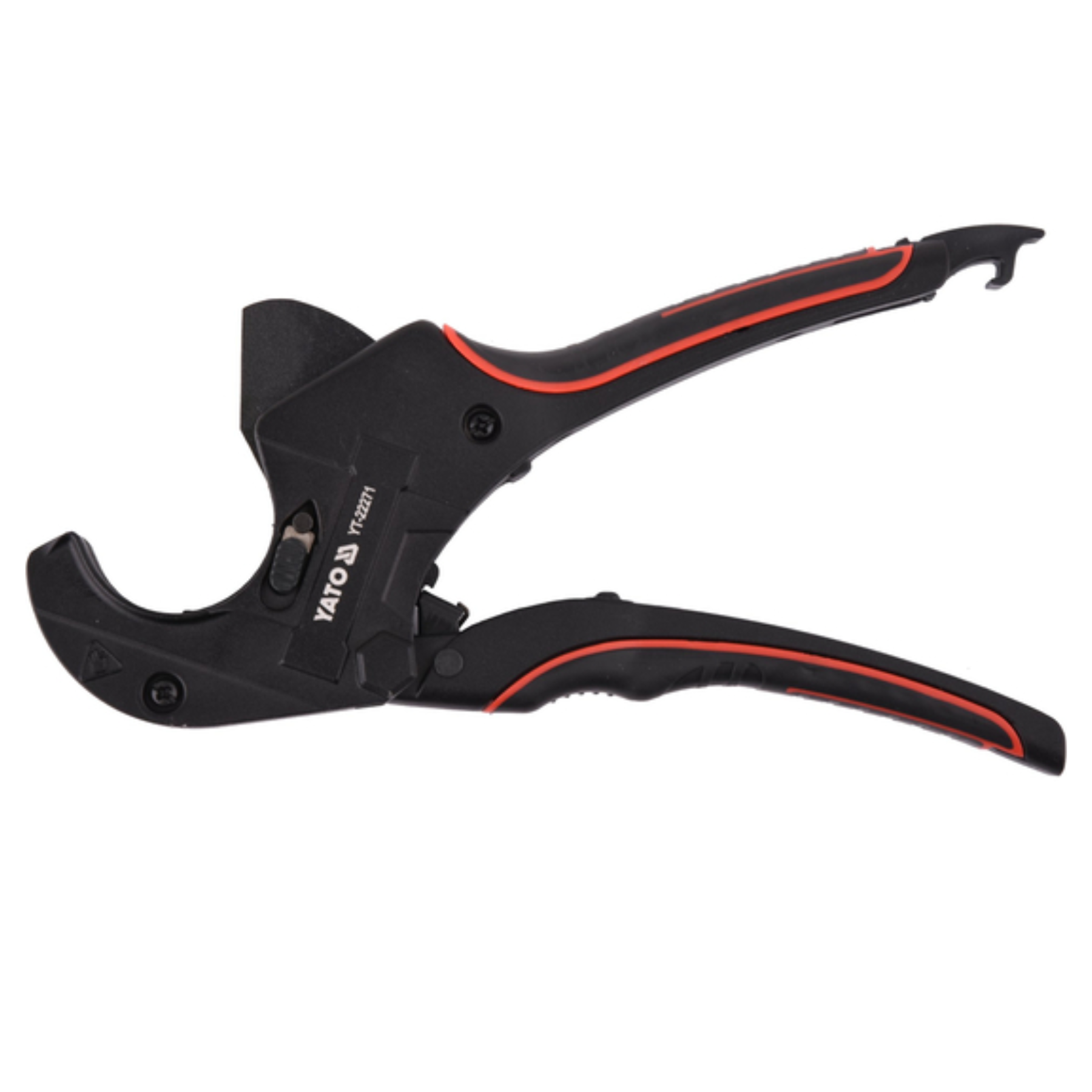 Black pipe cutter tool with red accents and white YATO branding, shown on a plain white background.
