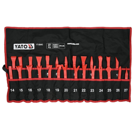 Set of screwdrivers in a black and red YATO tool roll on a white background