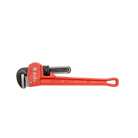 Red pipe wrench with black handle on a white background