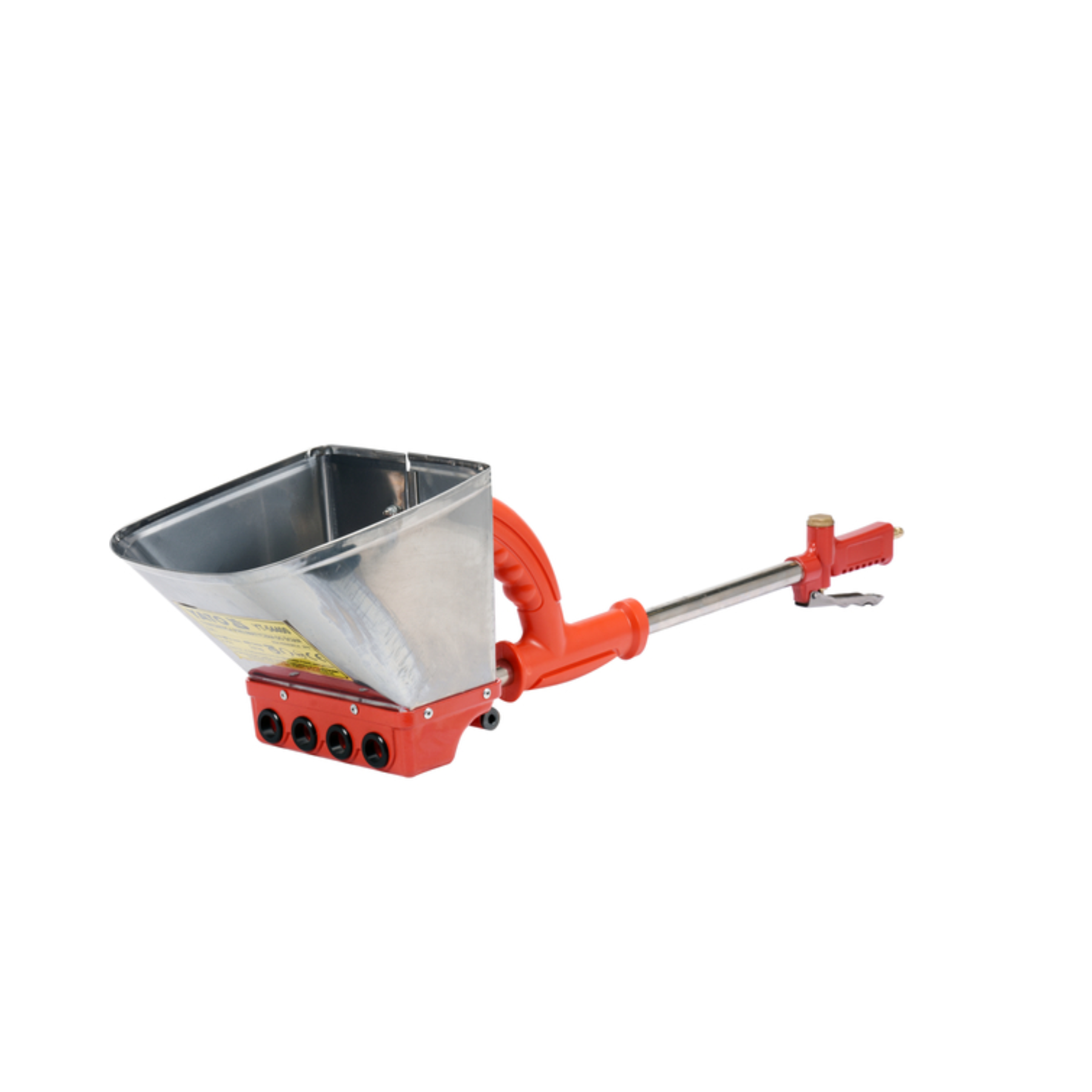 Red and silver manual feeder on a white background