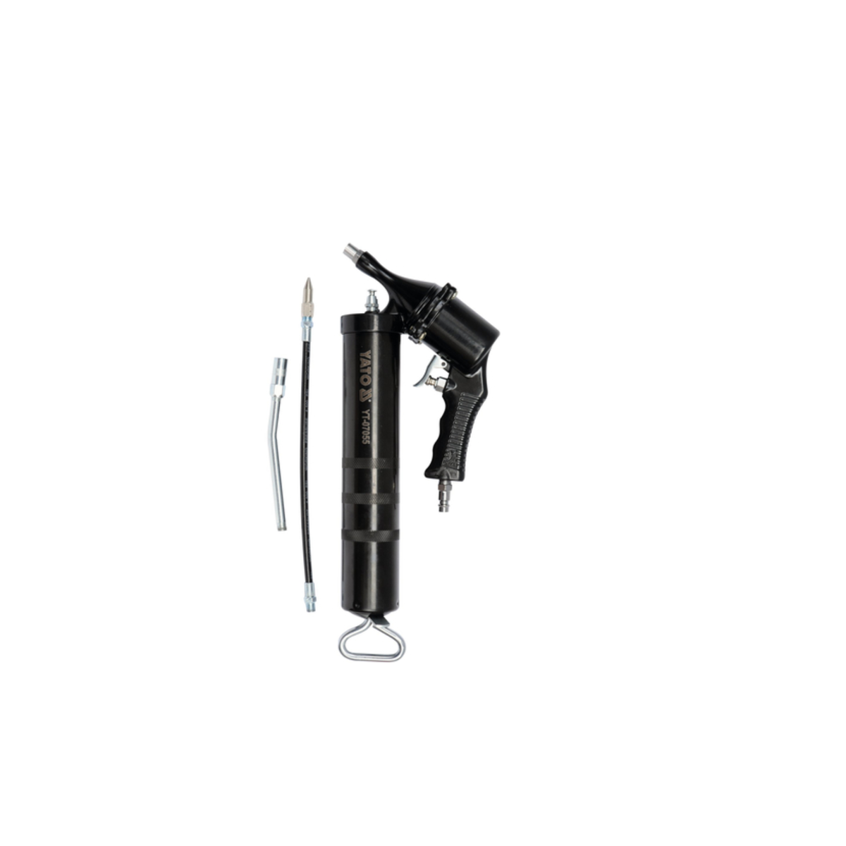 Black grease gun with attachments on a white background