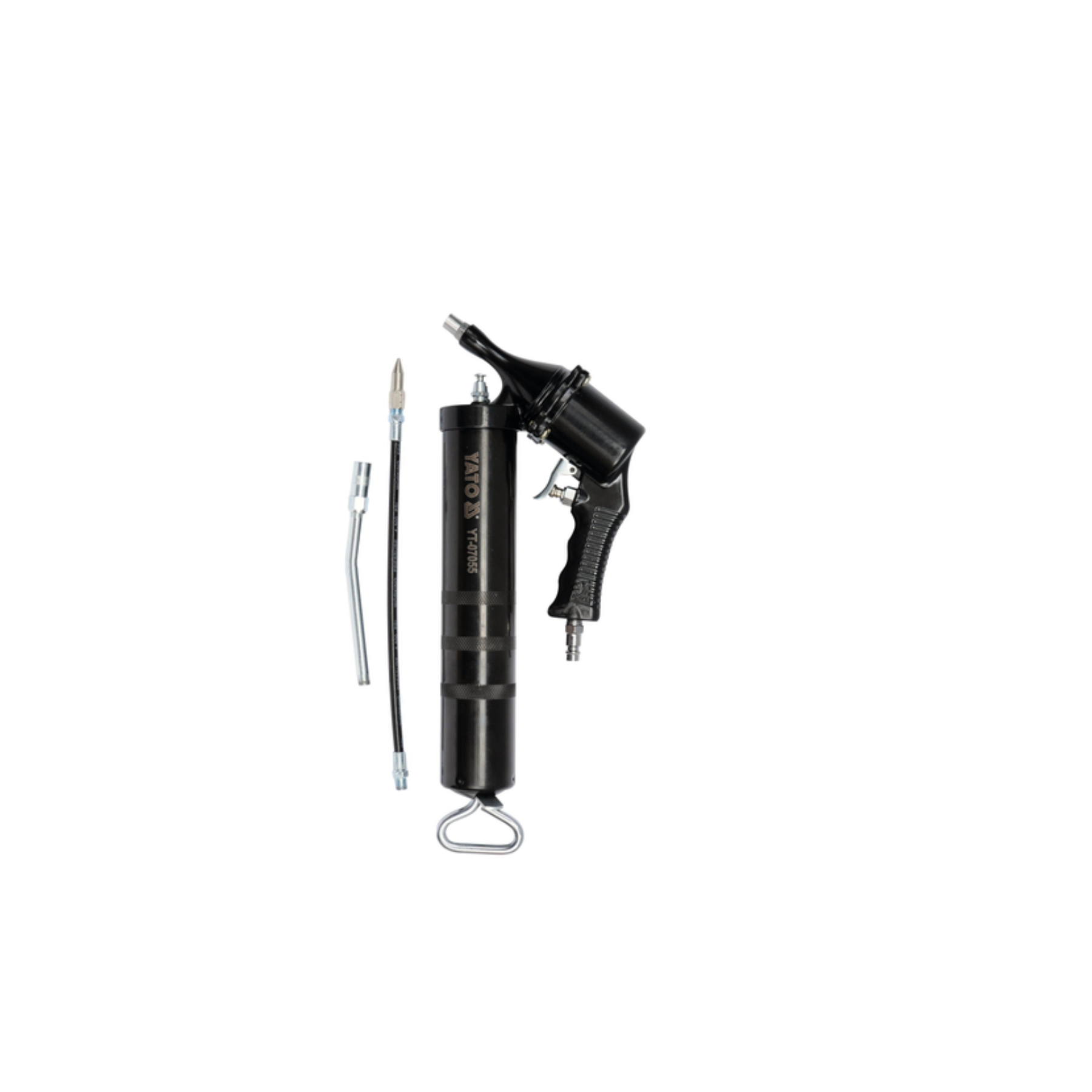 Black grease gun with attachments on a white background
