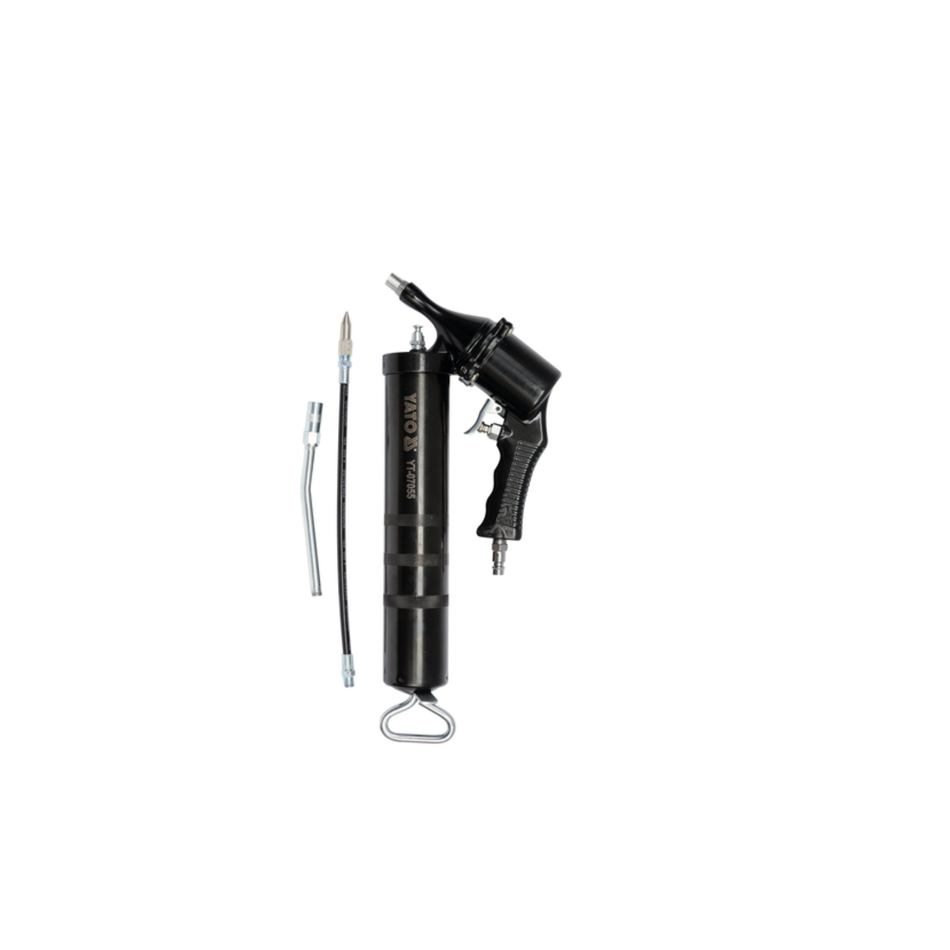 Black grease gun with attachments on a white background