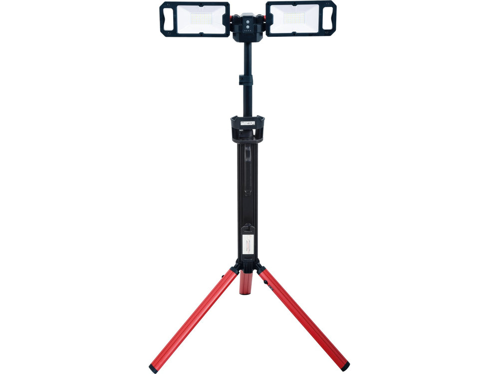 Red and black stand with two rectangular lights on a white background