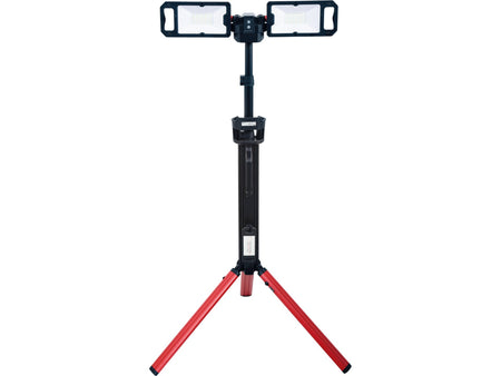 Red and black stand with two rectangular lights on a white background