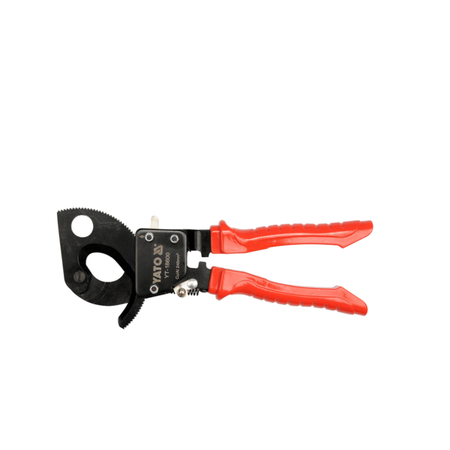 Pair of red-handled wire cutters on a white background