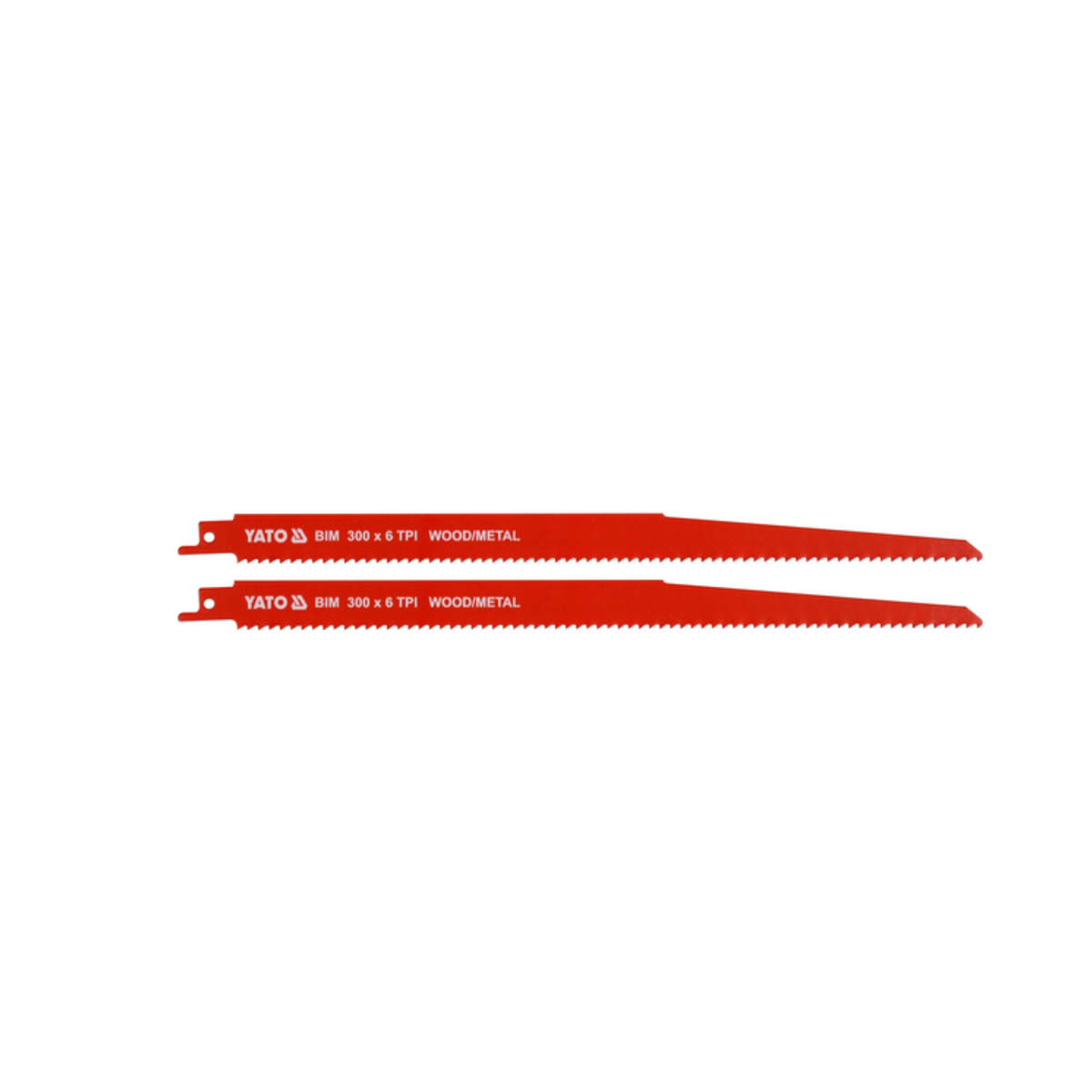 Two red Yato brand saw blades on a white background