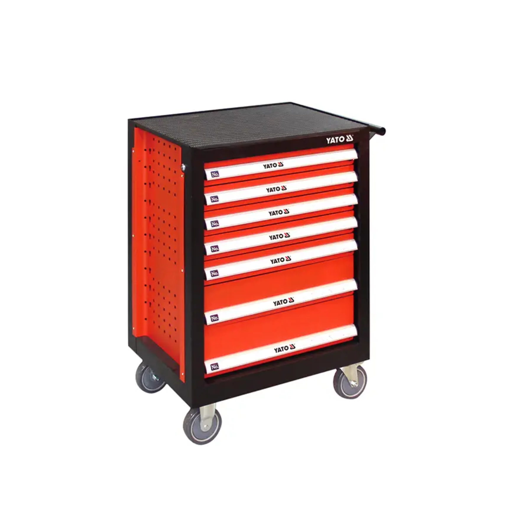 Red and black tool cabinet with multiple drawers on a white background
