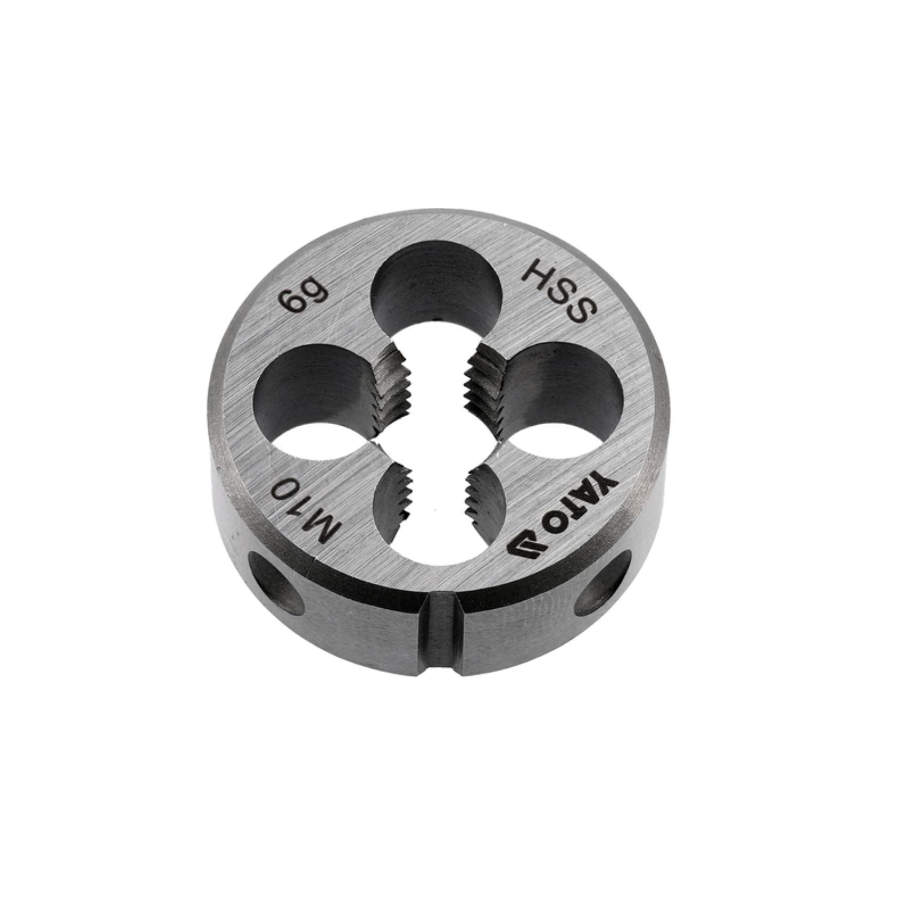 Metal die with threading specifications on a white background