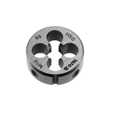 Metal die with threading specifications on a white background