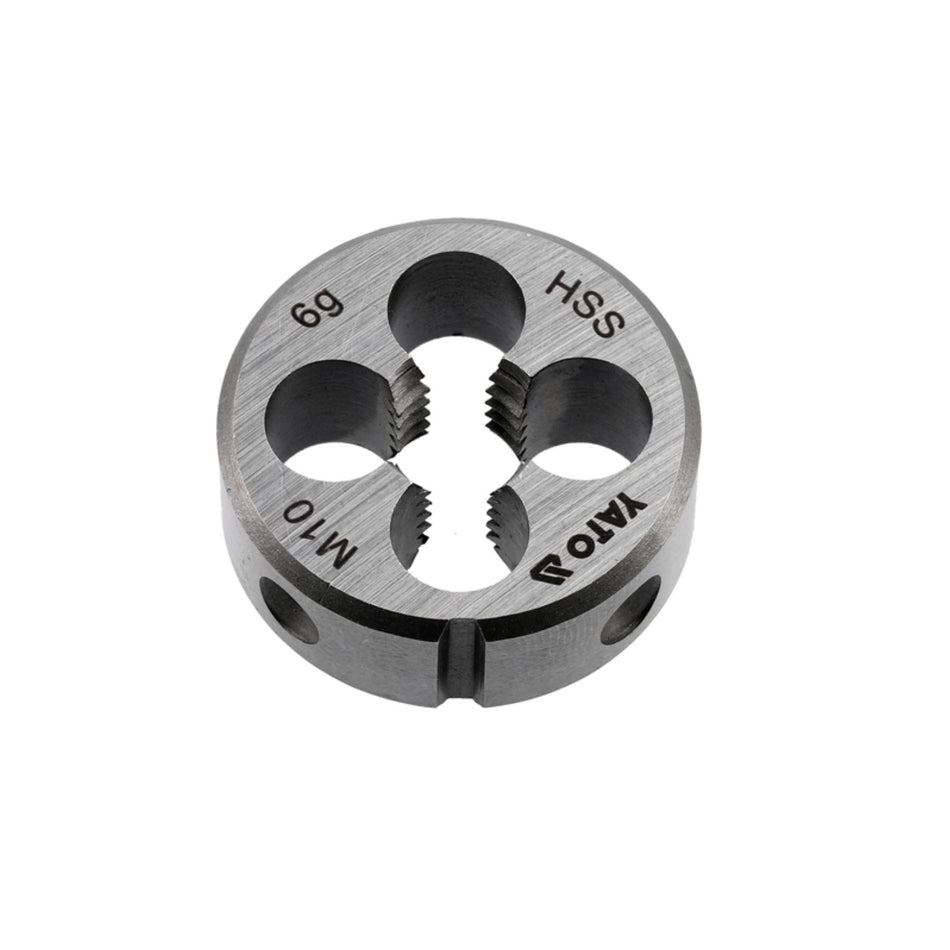Metal die with threading specifications on a white background