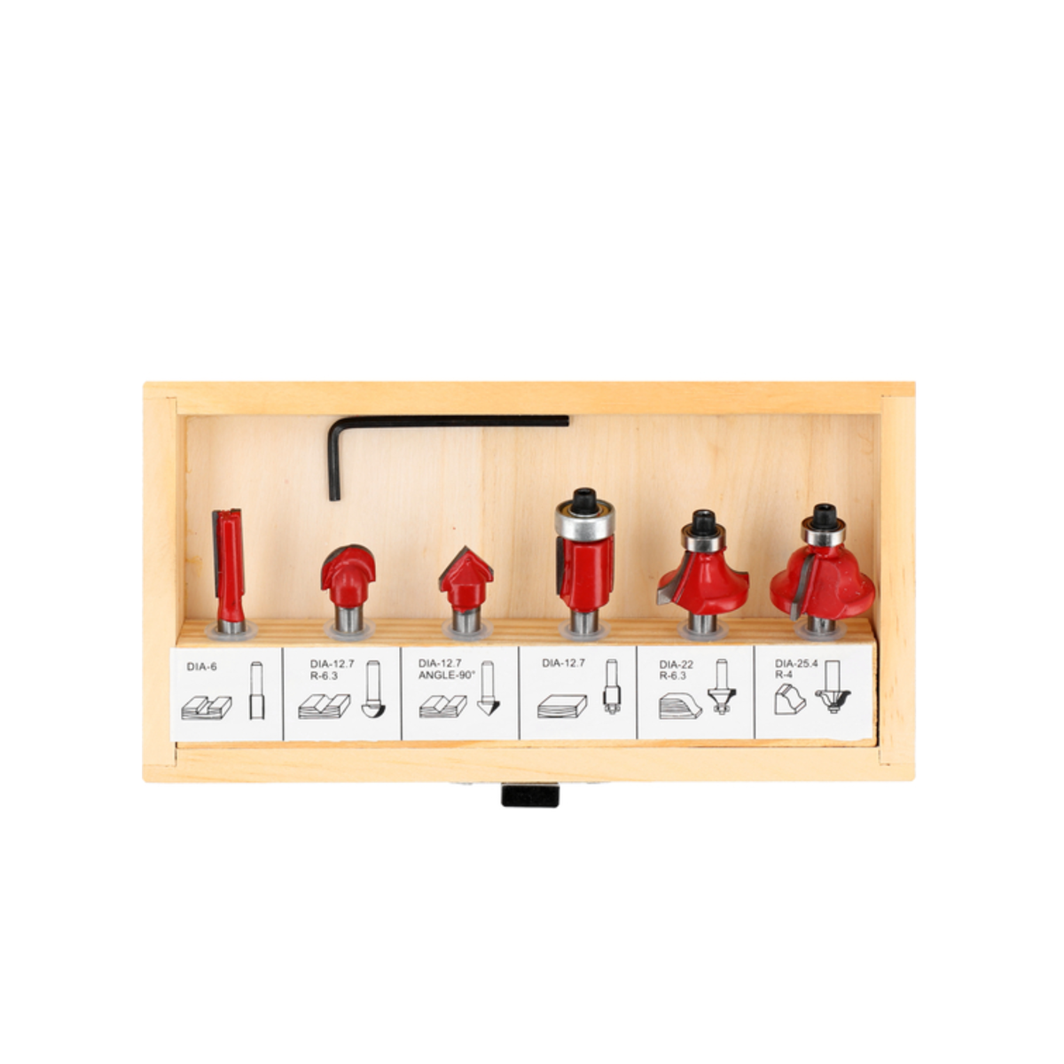 Set of red drill bits in a wooden box on a white background