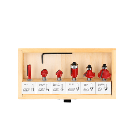 Set of red drill bits in a wooden box on a white background