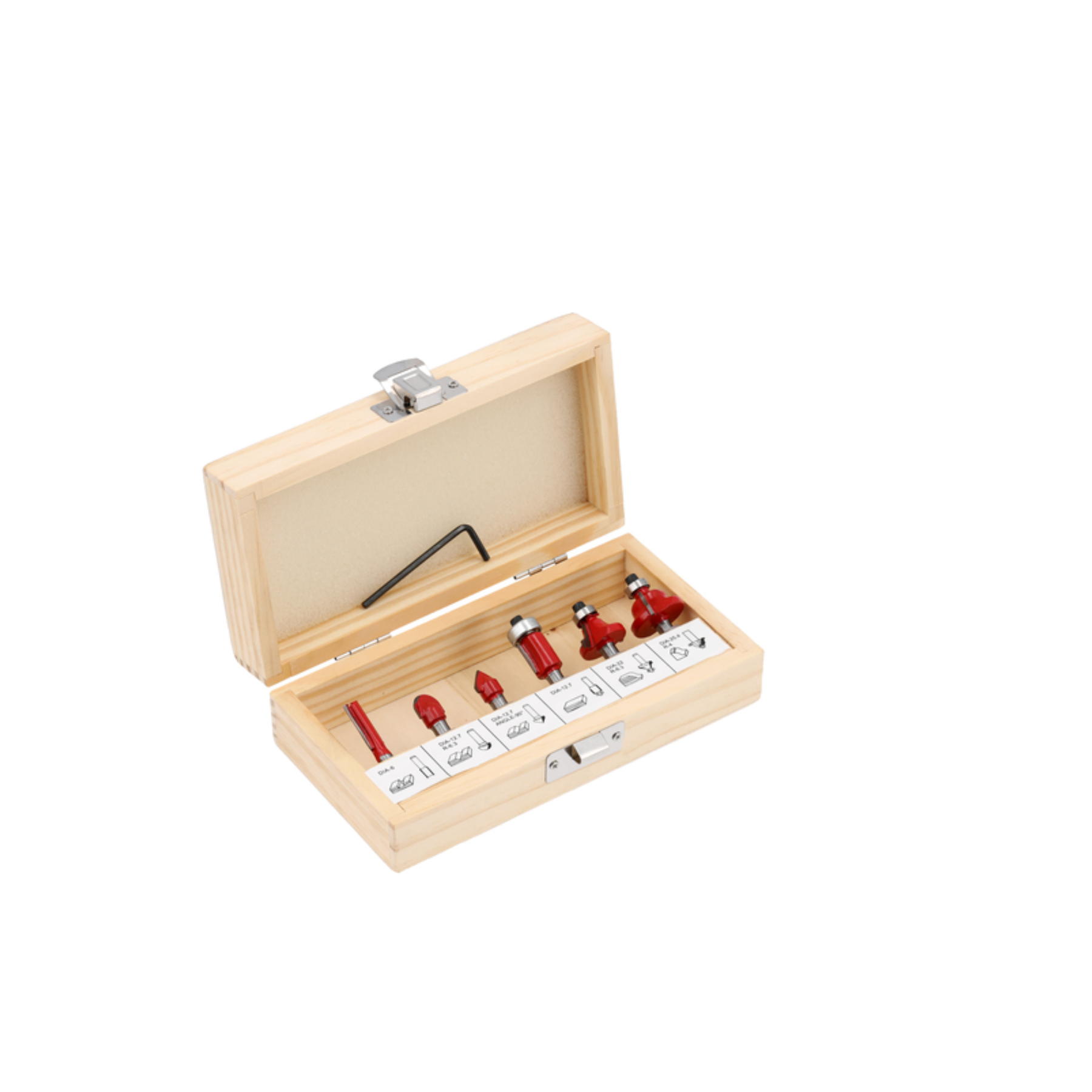 Wooden box with red tools on a white background