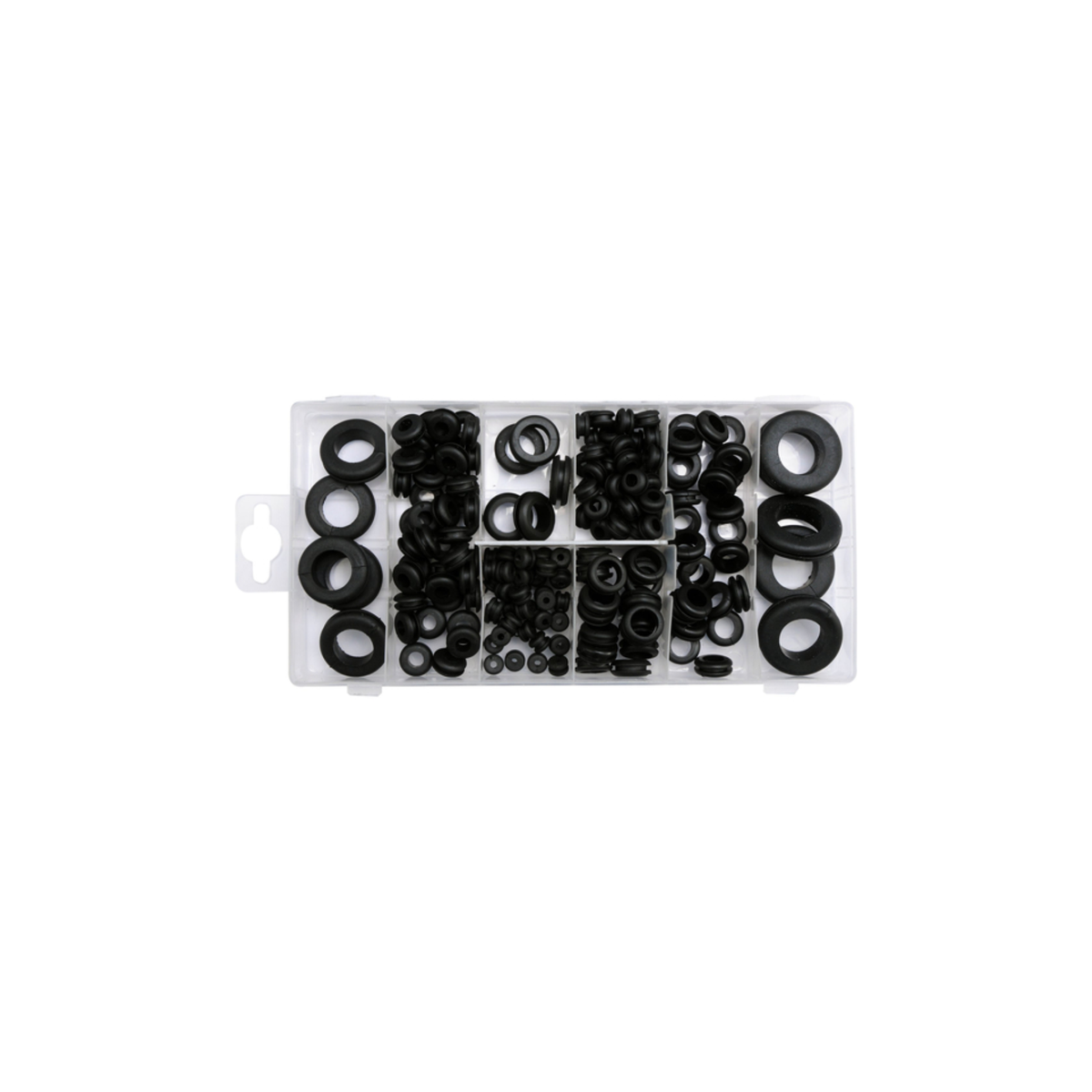 Assorted black rubber washers and gaskets on a white background