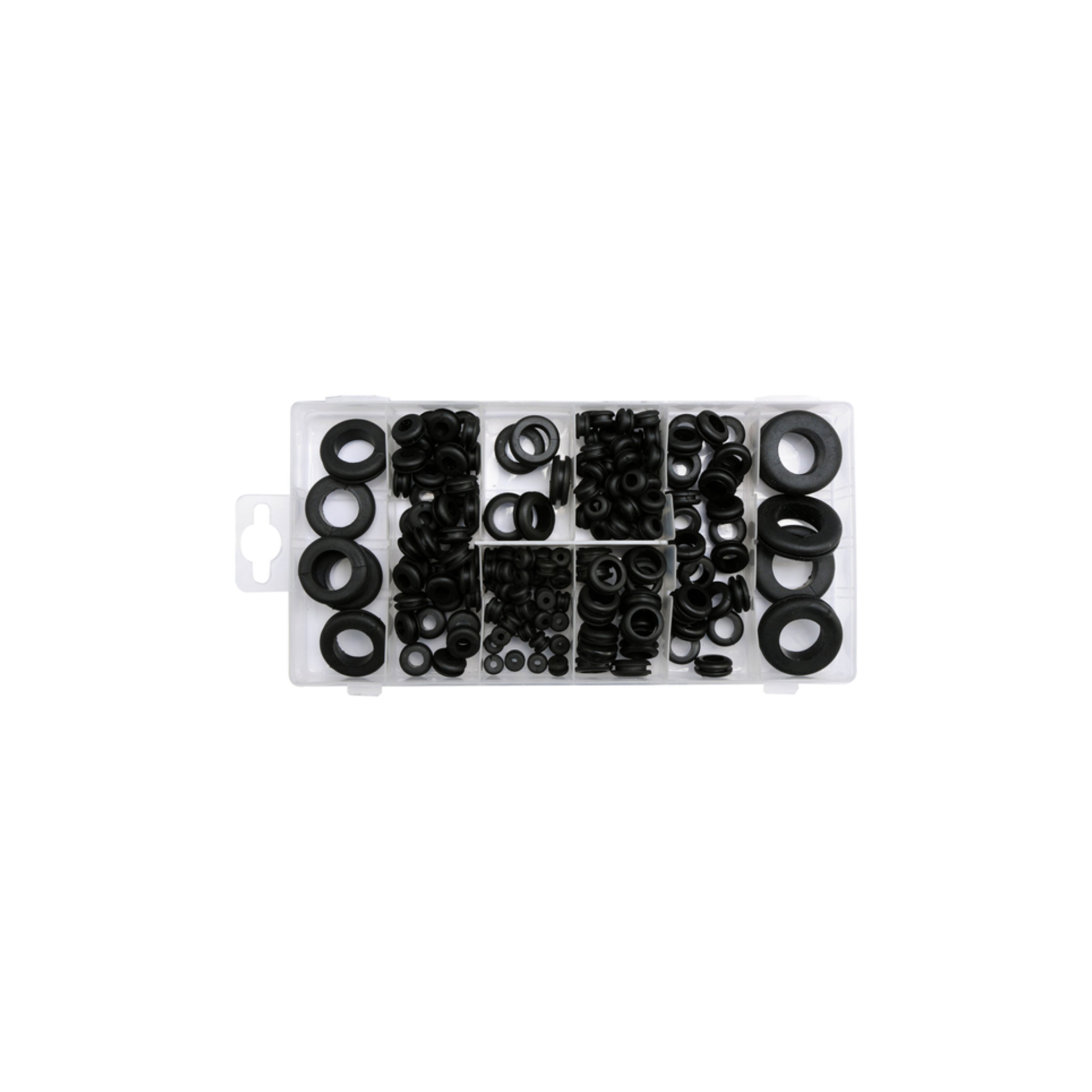 Assorted black rubber washers and gaskets on a white background