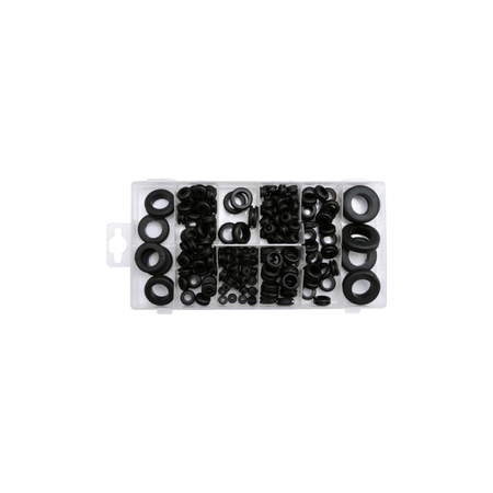 Assorted black rubber washers and gaskets on a white background