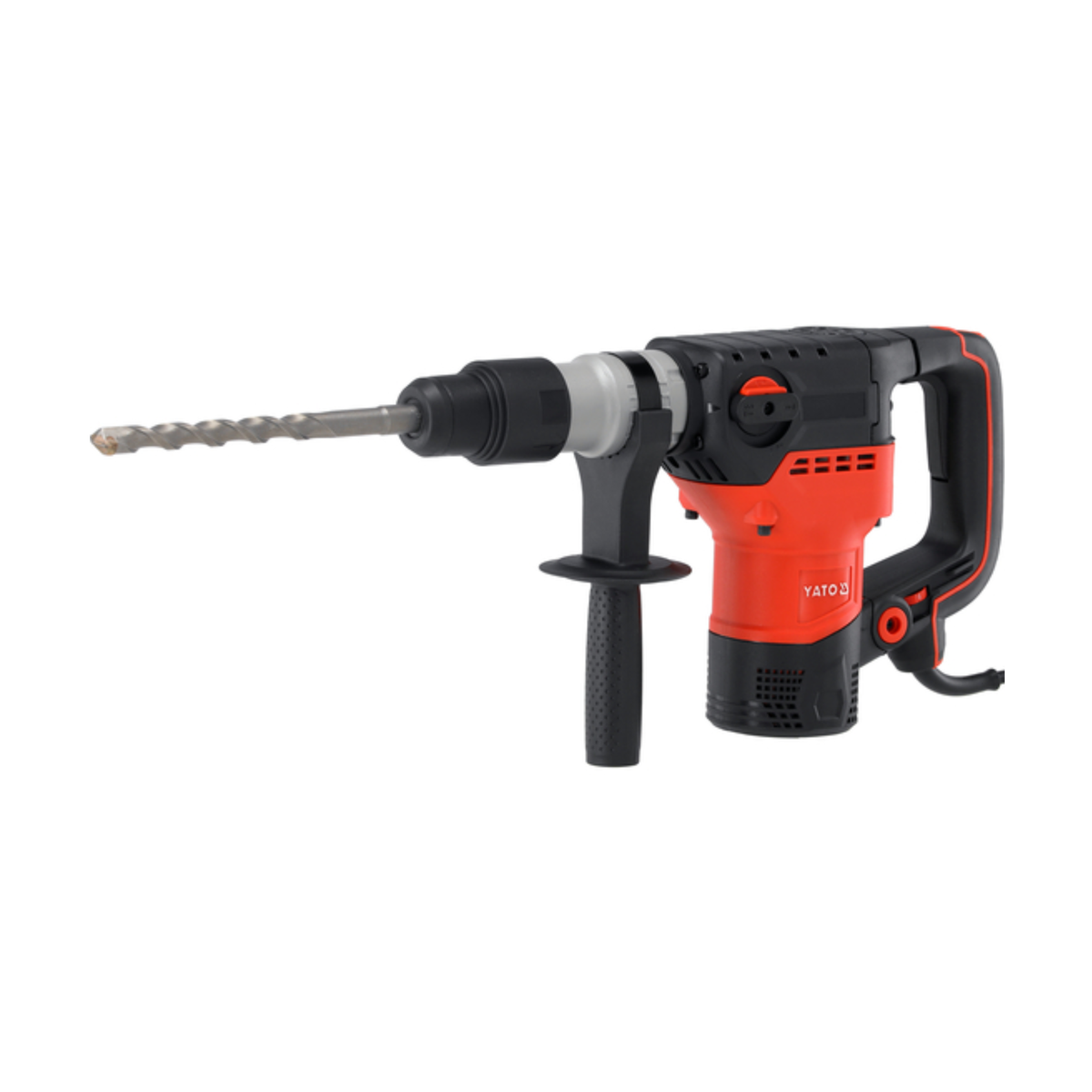 Red and black rotary hammer drill on a white background