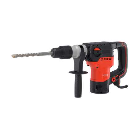 Red and black rotary hammer drill on a white background