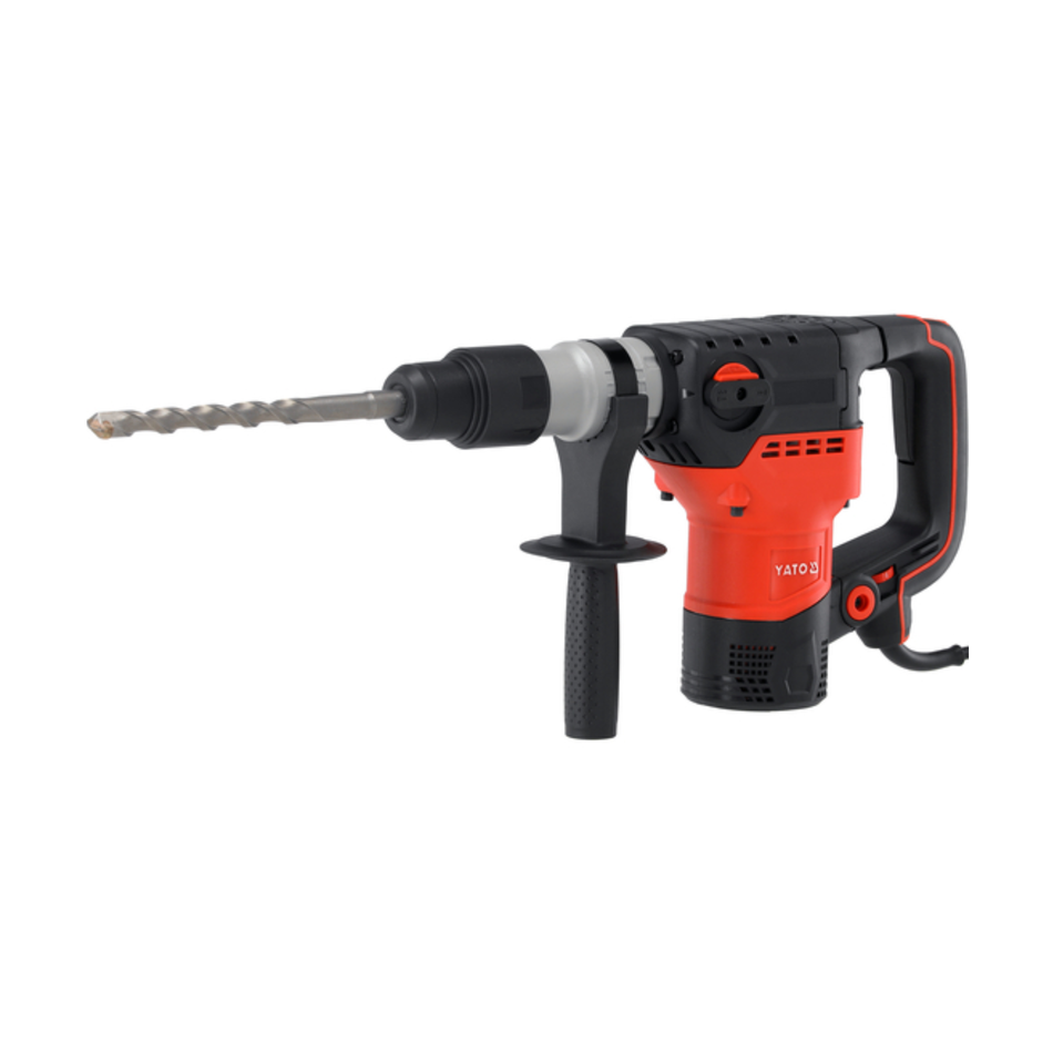 Red and black rotary hammer drill on a white background