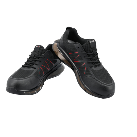 Black athletic shoes with red accents on a white background