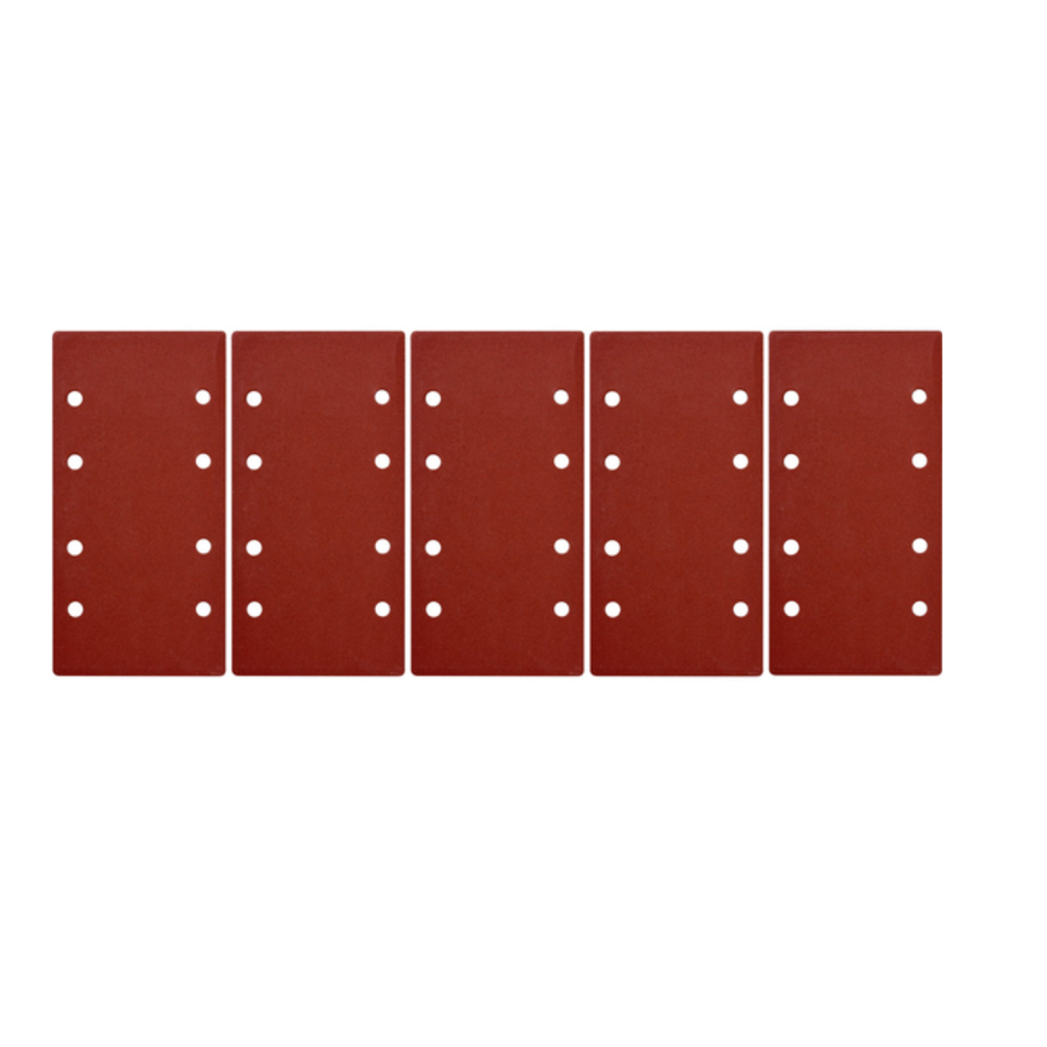 Six red sanding discs with holes on a white background