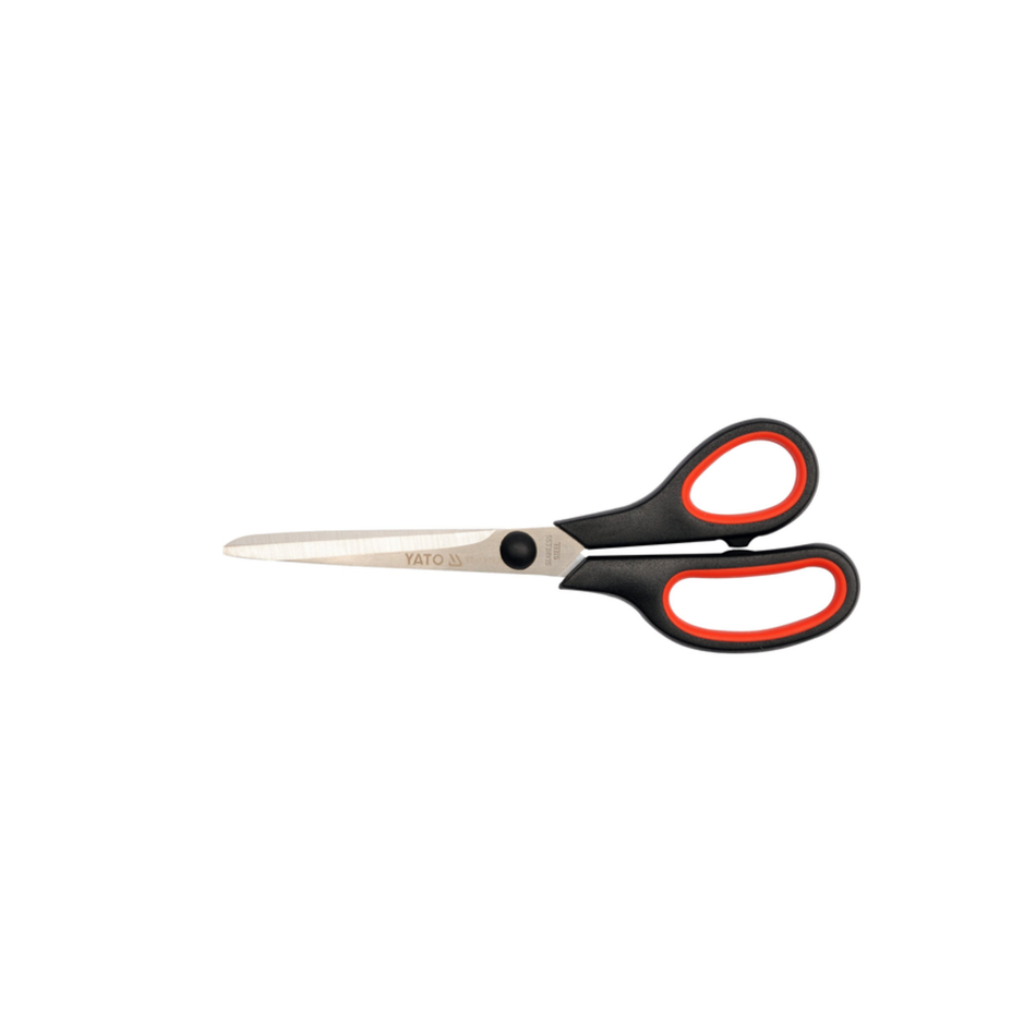 Pair of scissors with black handles and red accents on a white background