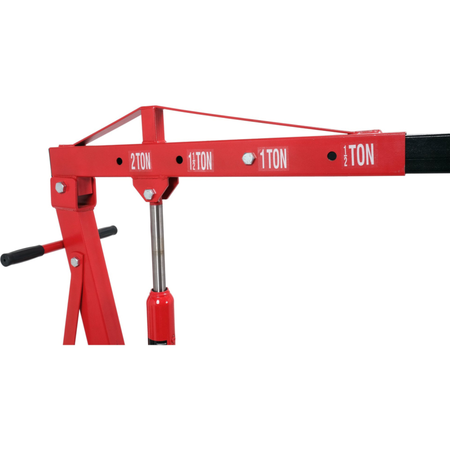 Red hydraulic lift with tonnage markings on a white background