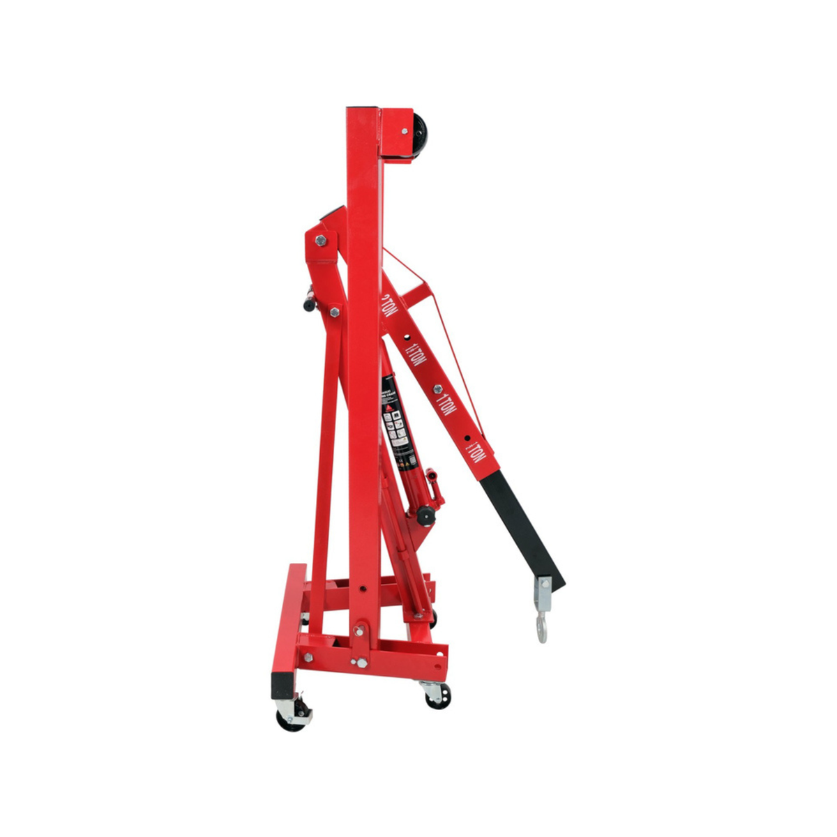 Red hydraulic floor jack on a white background