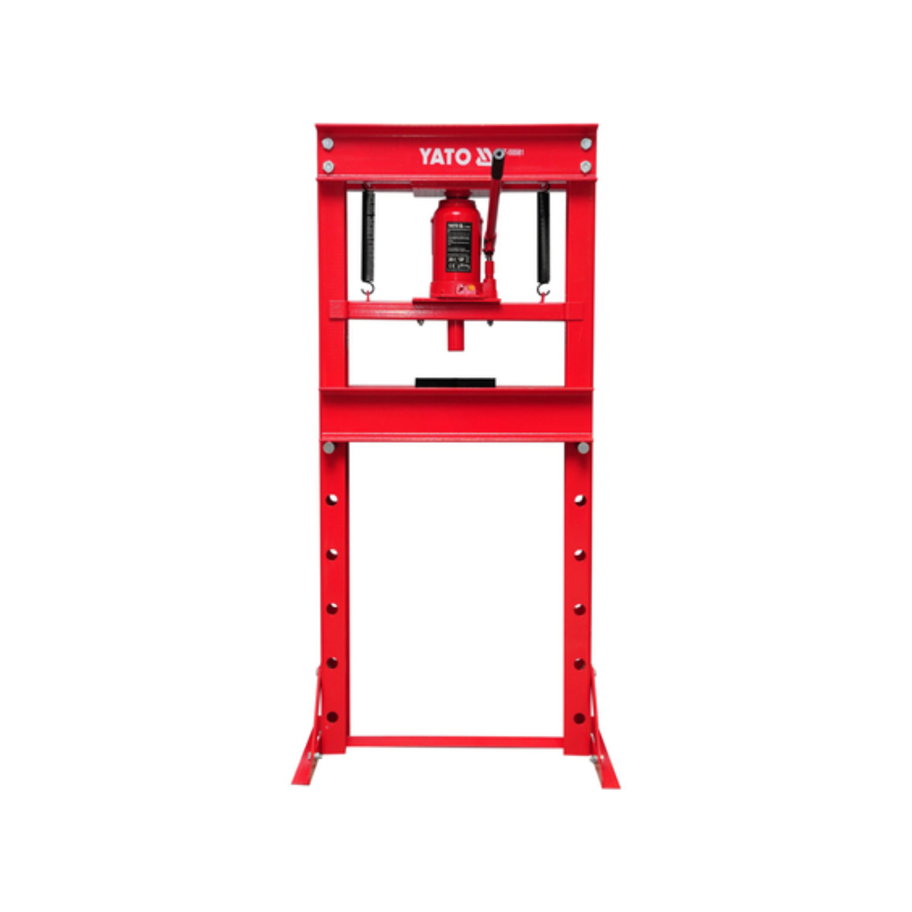 Red YATO hydraulic press on a white background