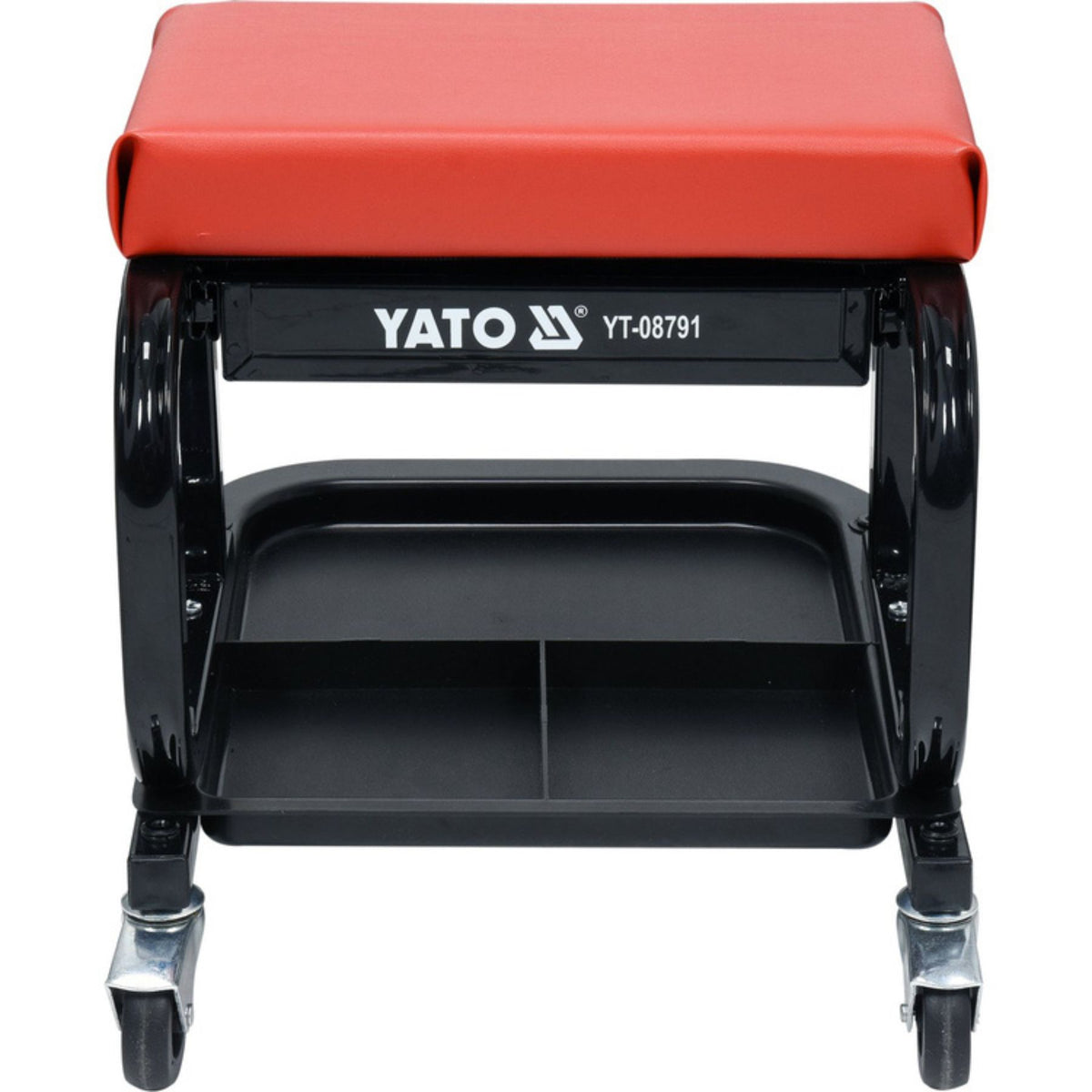 Red and black Yato tool stool with wheels on a white background