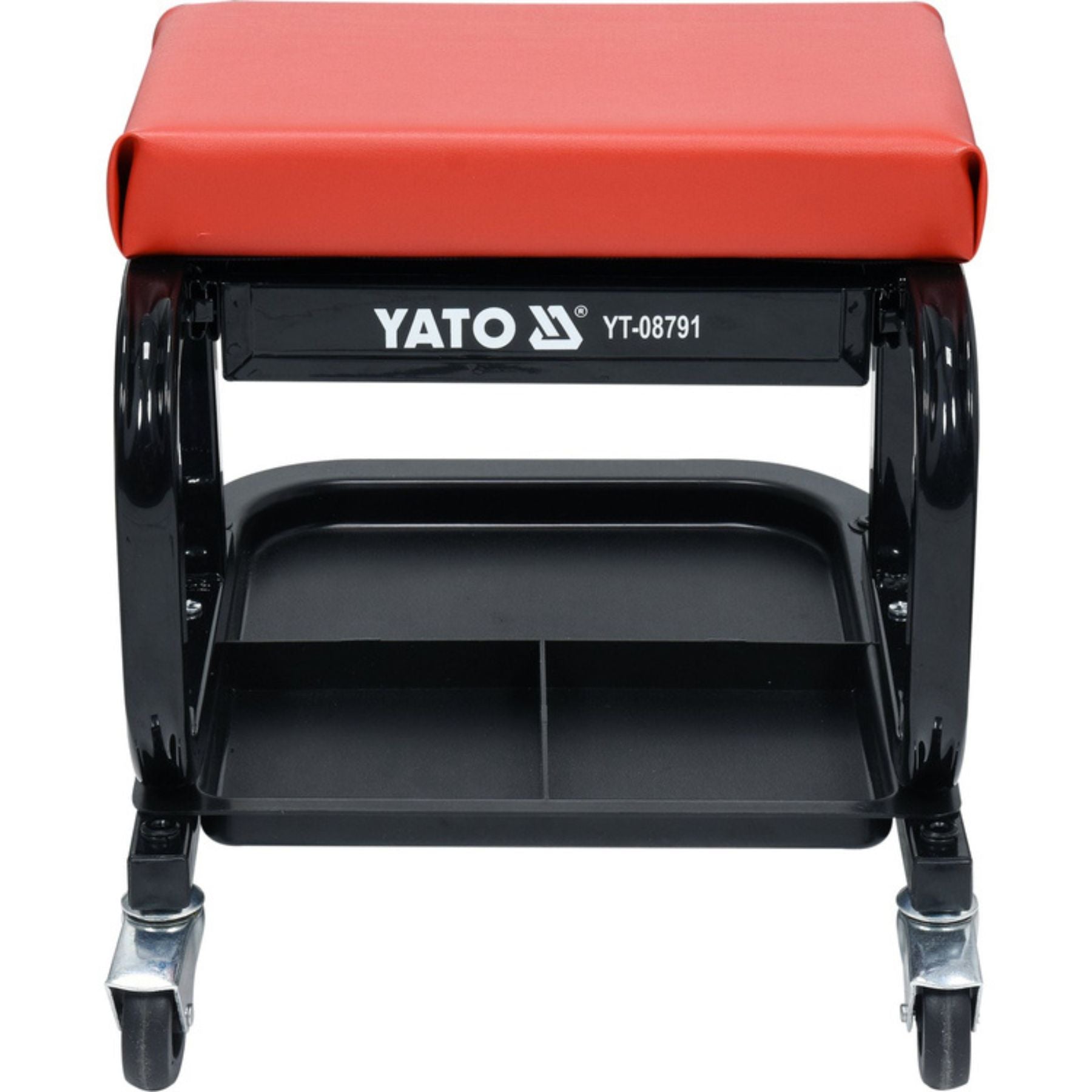 Red and black Yato tool stool with wheels on a white background