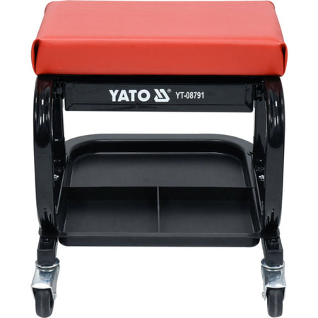 Red and black Yato tool stool with wheels on a white background
