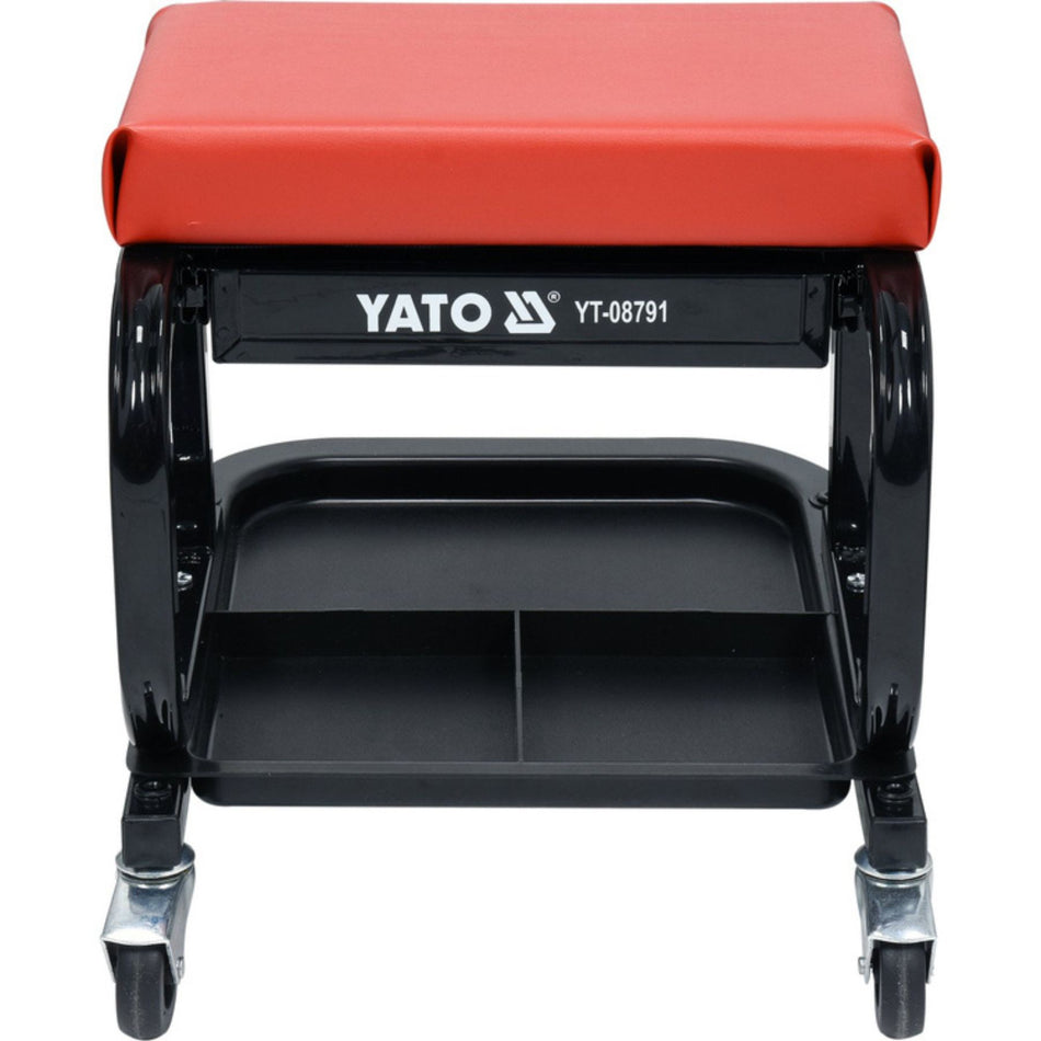 Red and black Yato tool stool with wheels on a white background