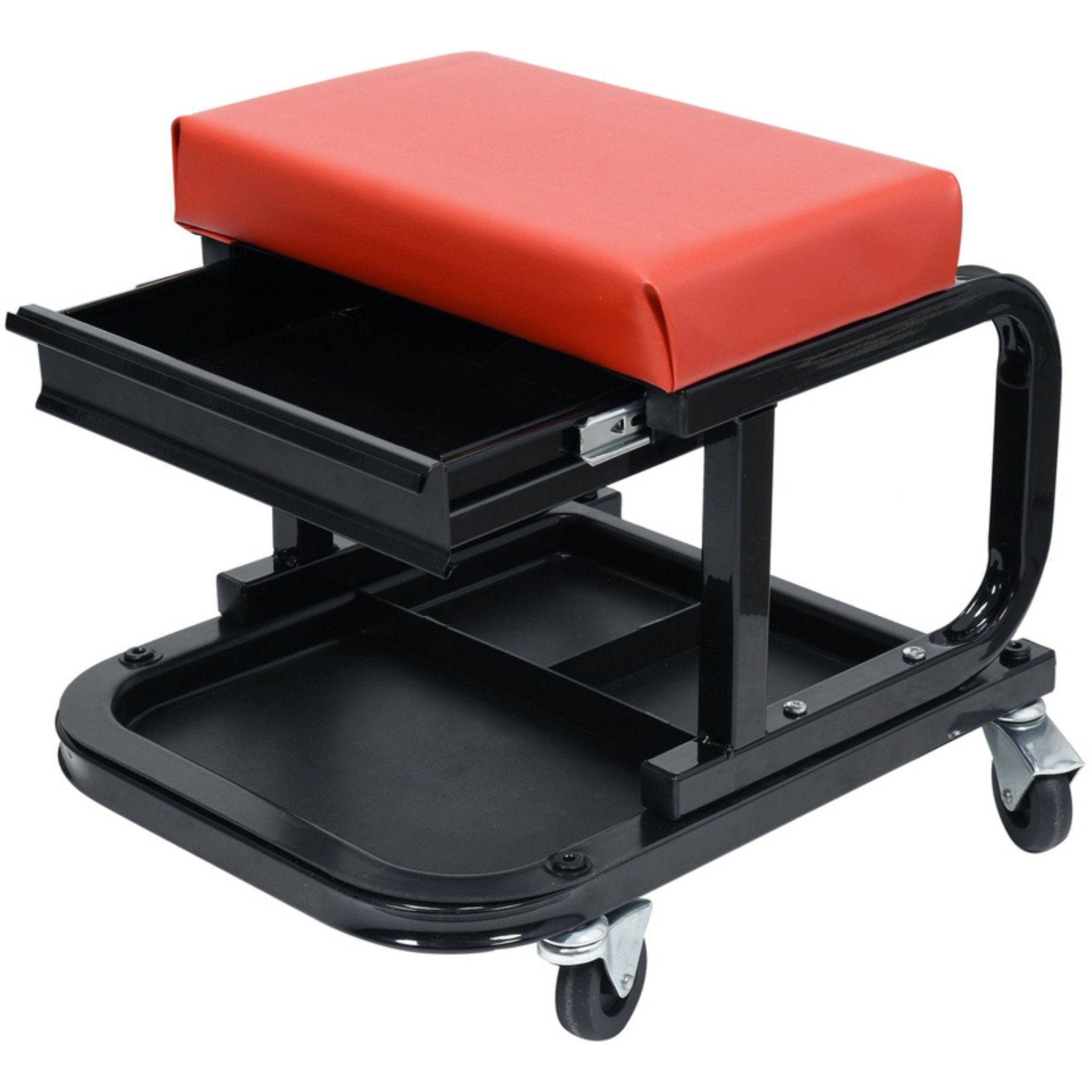 Black rolling stool with red cushion on a white background