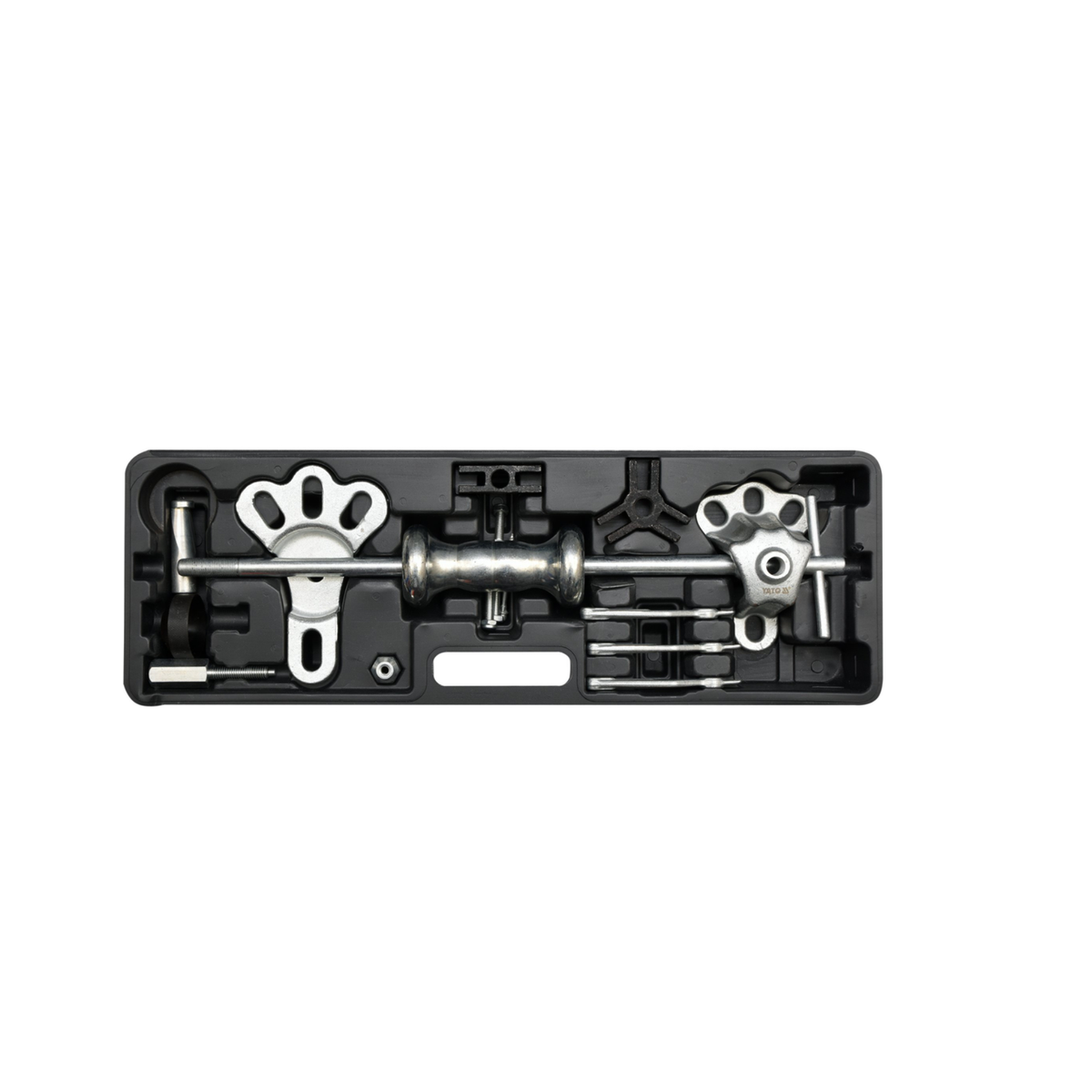 Set of tools in a black plastic holder on a white background