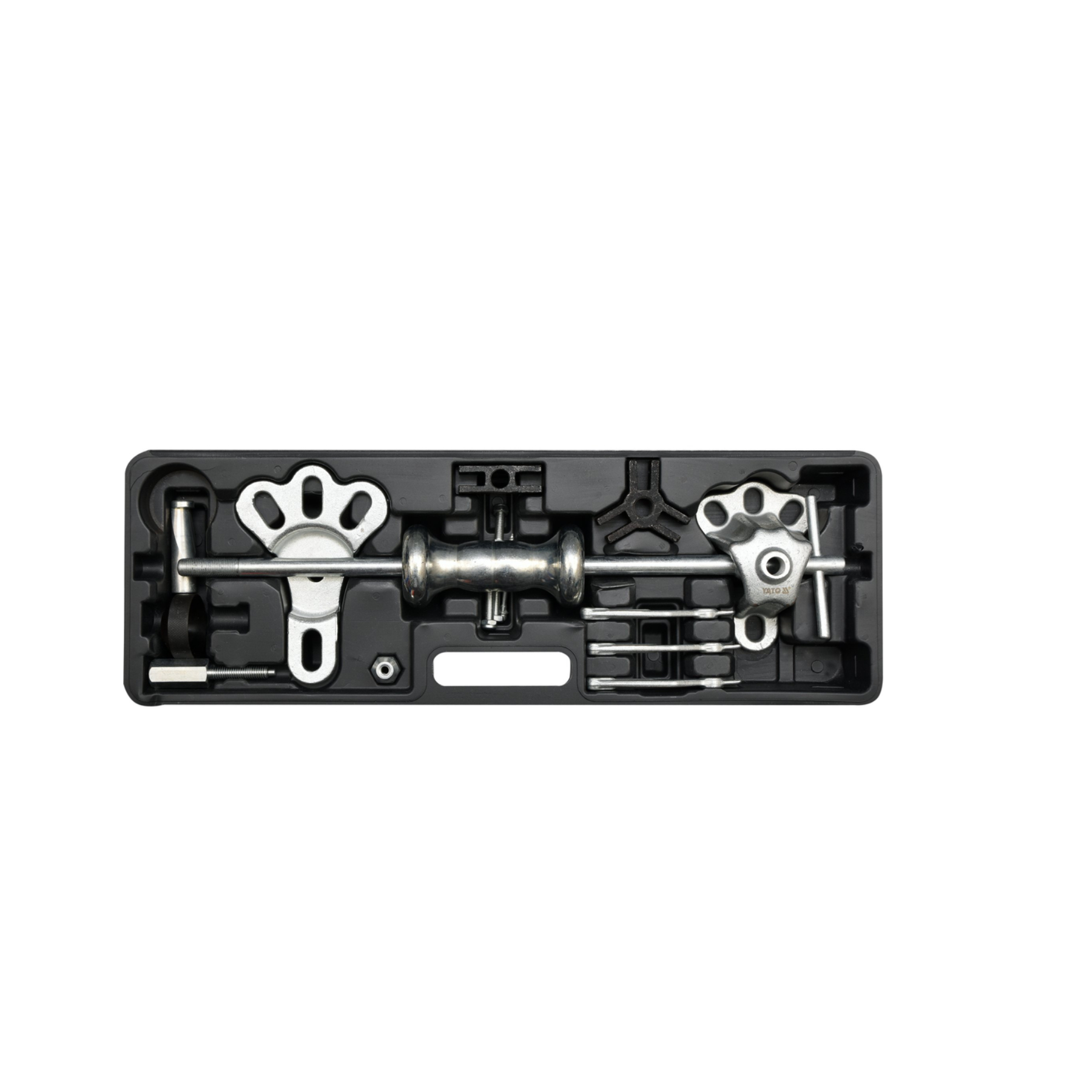 Set of tools in a black plastic holder on a white background